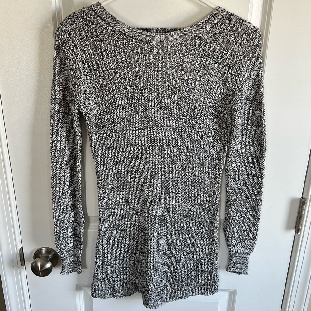 NWT Say What Light Gray and Black Sweater with Back Cutout Design, Size Small